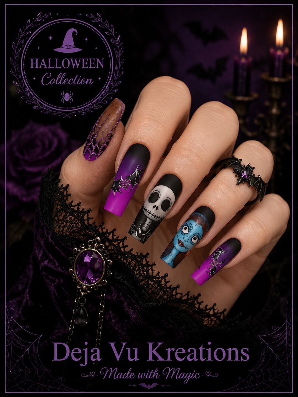 24 Piece Nightmare Before Christmas Press On Long Coffin Nails